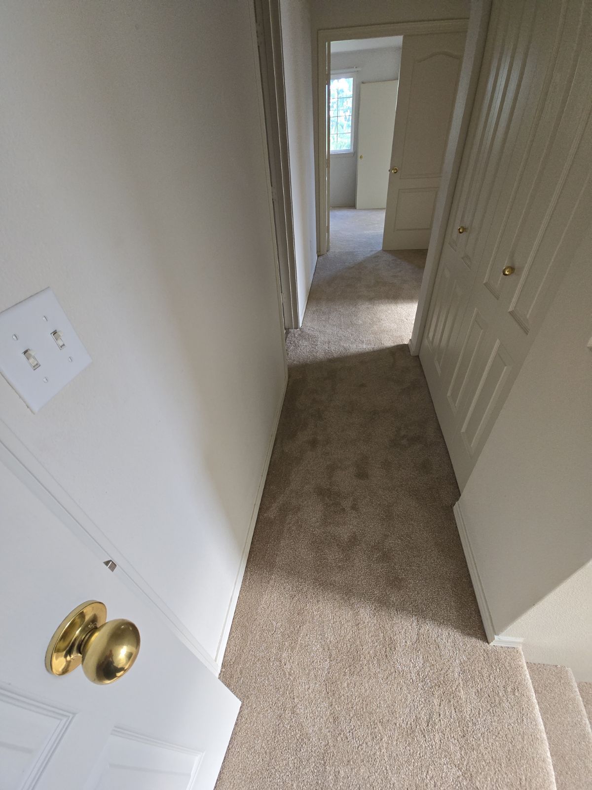 Hallway with beige carpet, white walls, and a door with a gold doorknob.