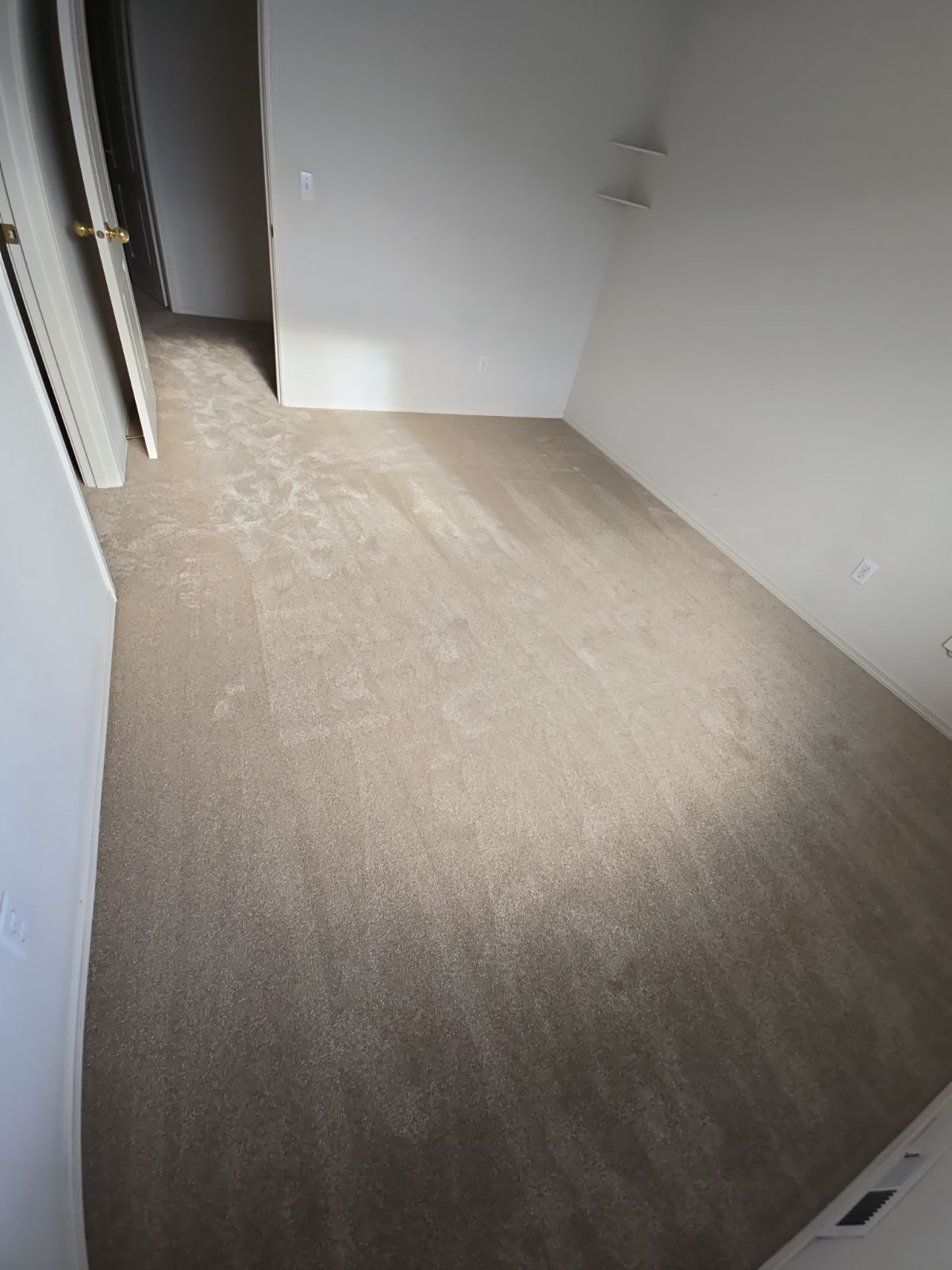 Empty room with beige carpet and white walls. Doorway and hallway visible in the background.