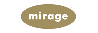 Logo of mirage in white text inside an oval of a tan color.
