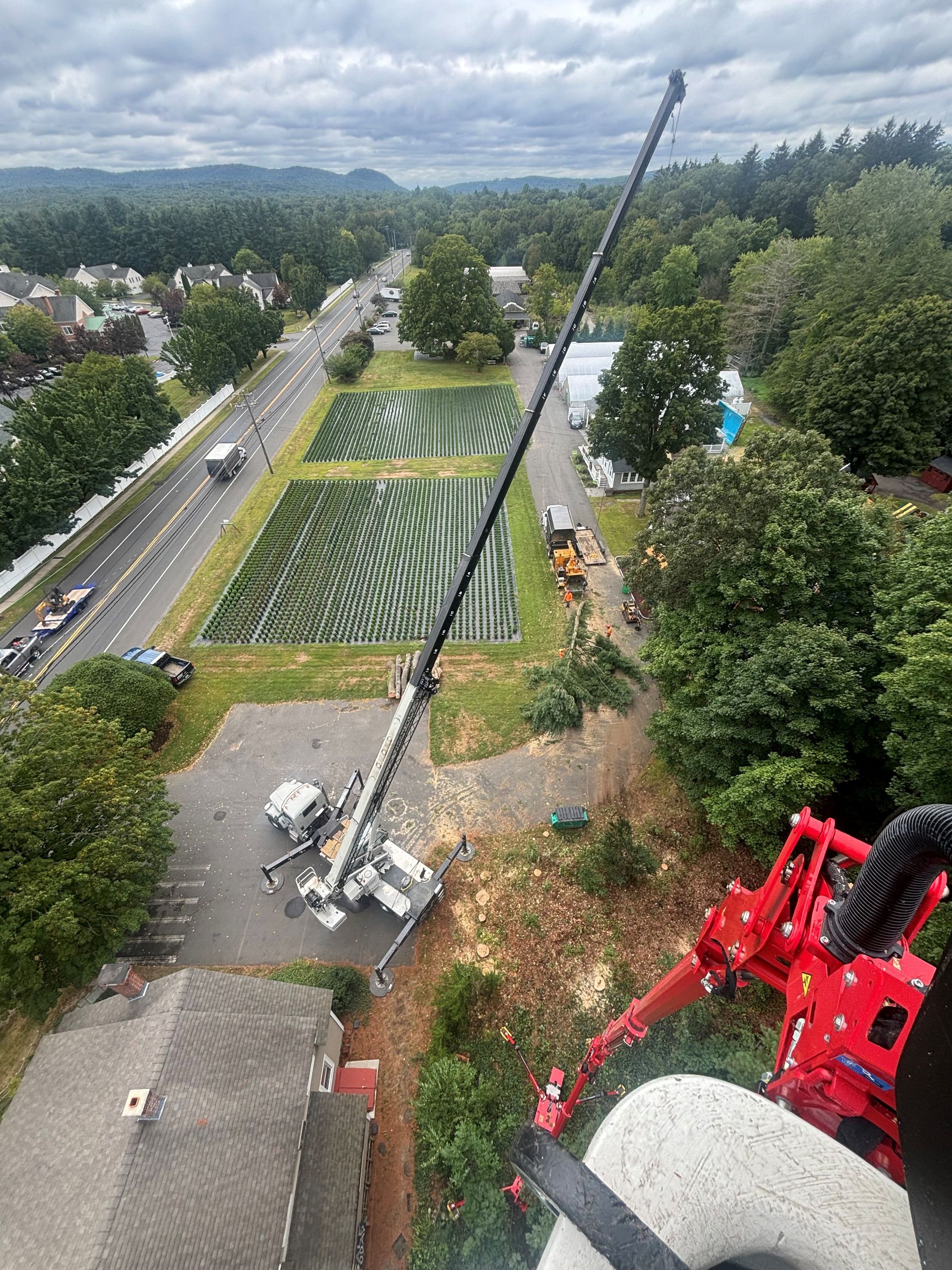 Overhead view: Crane extends over green fields, road, trees, and buildings on a cloudy day.