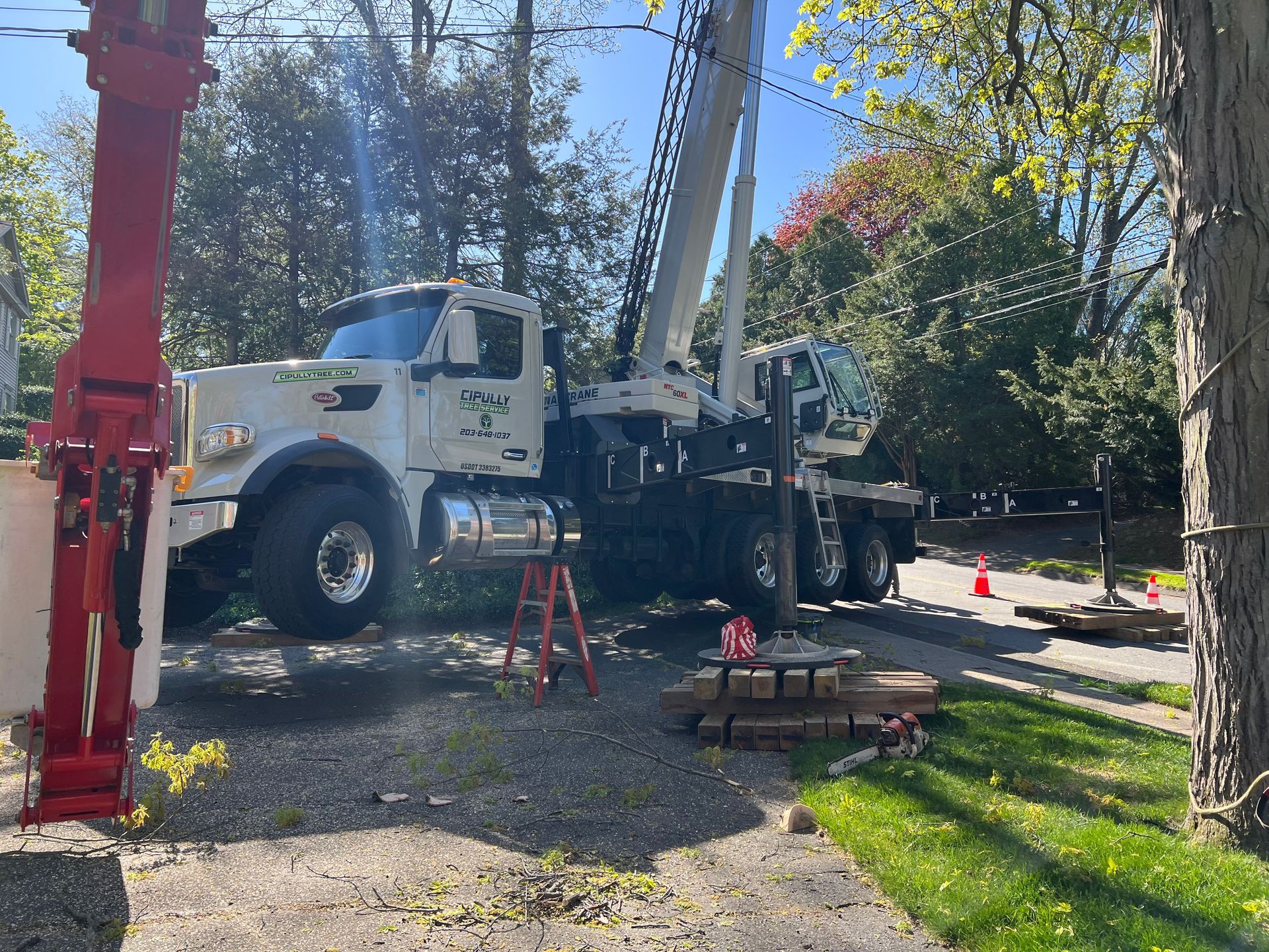 A large white truck is parked on the side of the road next to a tree.
