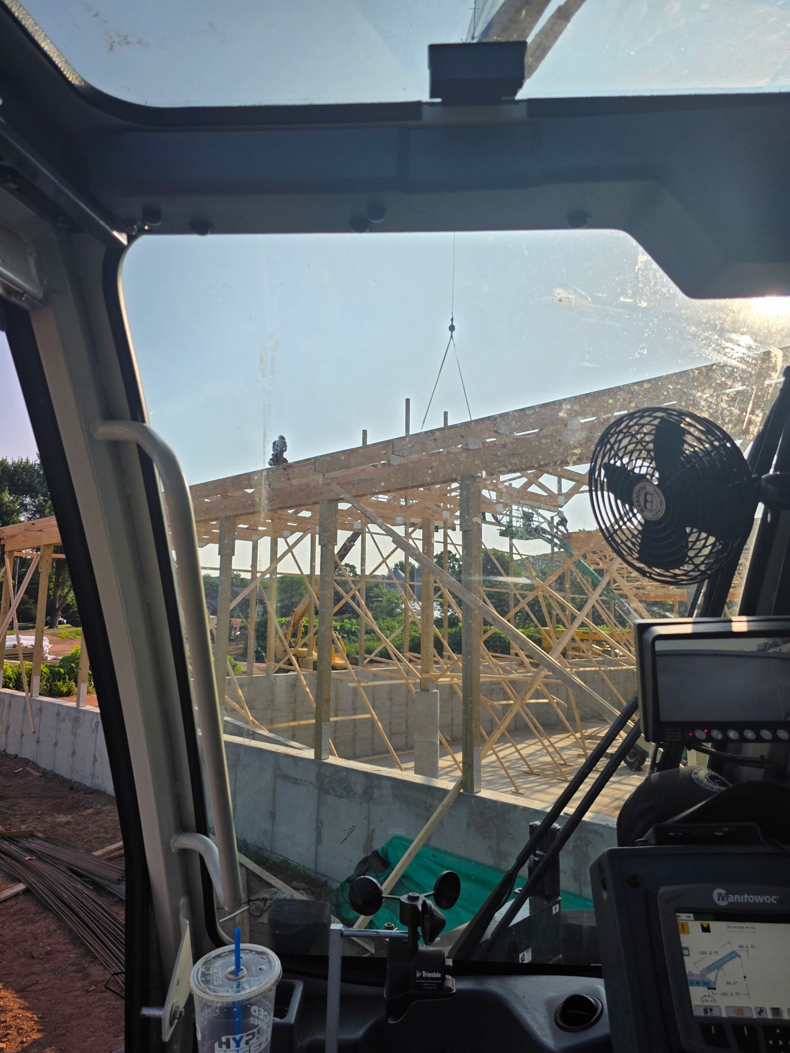 inside cab of crane