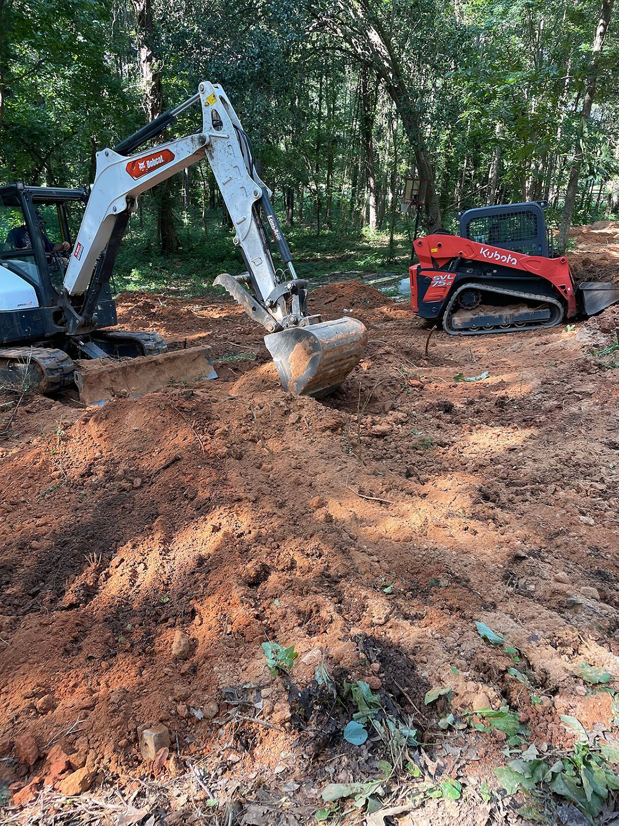 A bulldozer is digging a hole in the dirt in the woods.