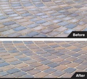 A before and after picture of a brick driveway.