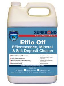 A bottle of efflo off efflorescence mineral and salt deposit cleaner