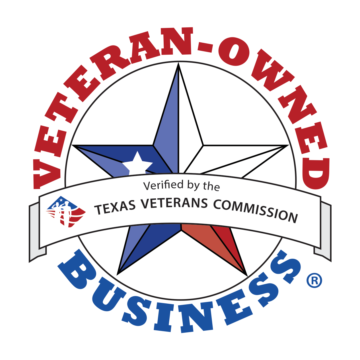 Texas Veterans Commission verified veteran-owned business logo with star emblem in red, white, and blue