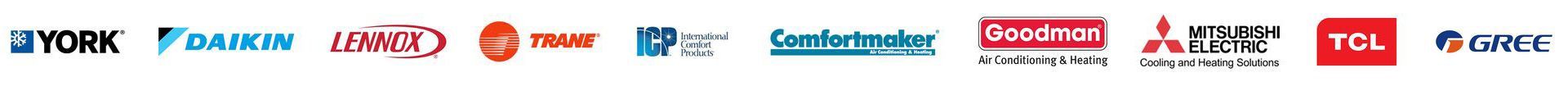 A horizontal row of various company logos, including York, Daikin, Lennox, Gree, Mitsubishi Electric, Trane, ICP, Comfortmaker, Goodman, TCL, and others.