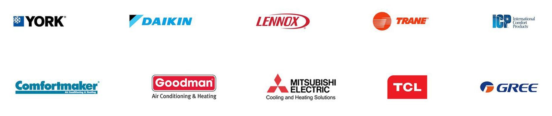 A horizontal row of various company logos, including York, Daikin, Lennox, Gree, Mitsubishi Electric, Trane, ICP, Comfortmaker, Goodman, TCL, and others.