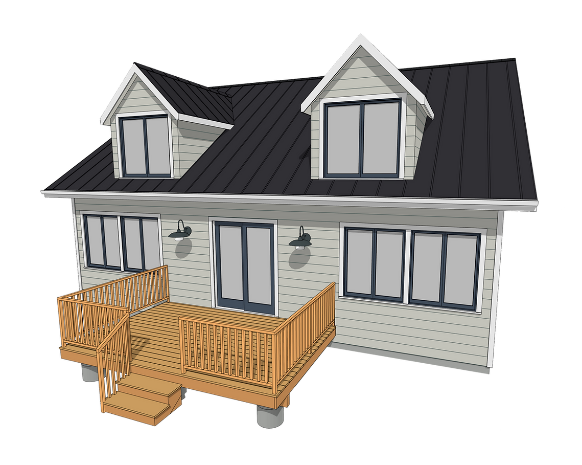 A 3d model of a house with a black roof and a wooden deck.
