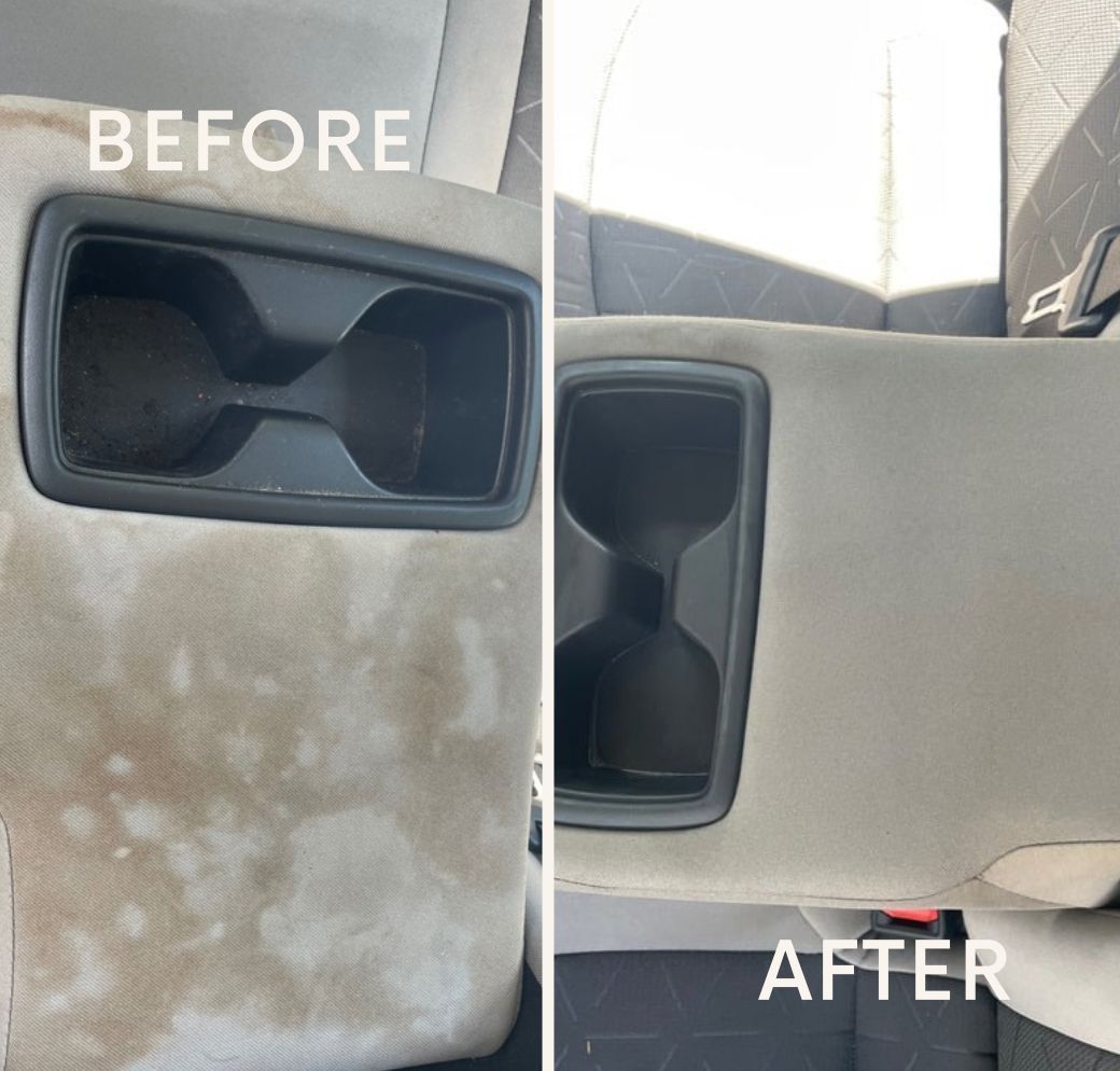 Comparison of a car seat armrest before and after cleaning, revealing significant stain removal.