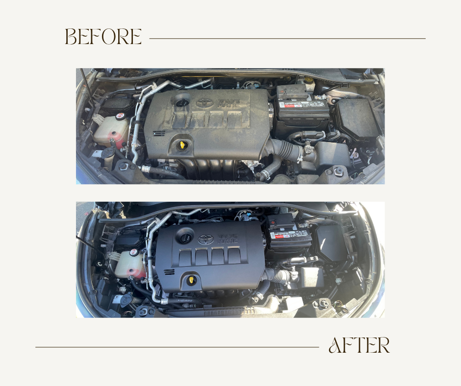 Before and after photos of a car engine bay, showing a clean engine after being cleaned.