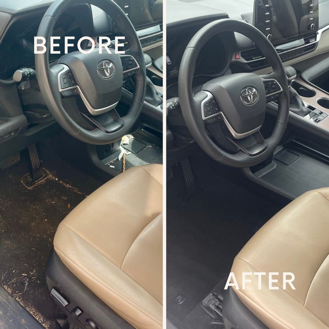 Side-by-side car interior photos: before (dirty) and after (clean). Beige seat, black steering wheel, dark floor.