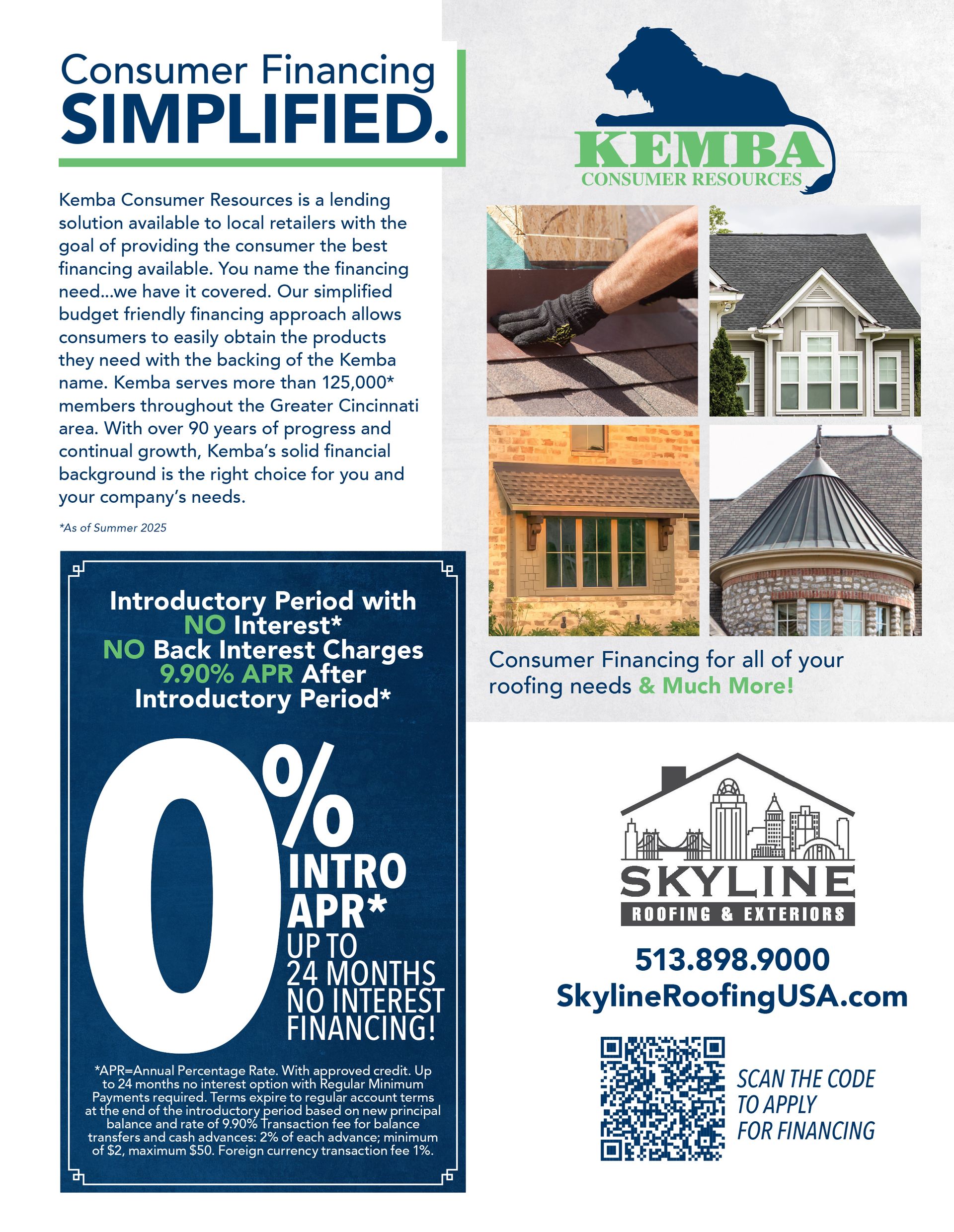 Advertisement for roofing services; features logos, roofing photos, and financing details.