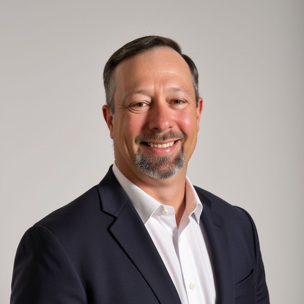 Man in navy blazer and white shirt smiling at the camera.