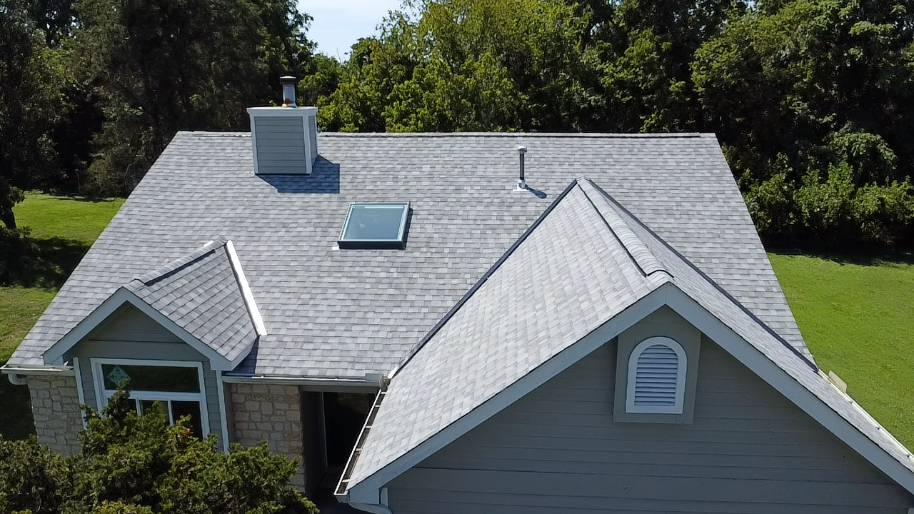 Grey shingle roof with chimney, skylight, and gable vents on a house with green trees in the background.