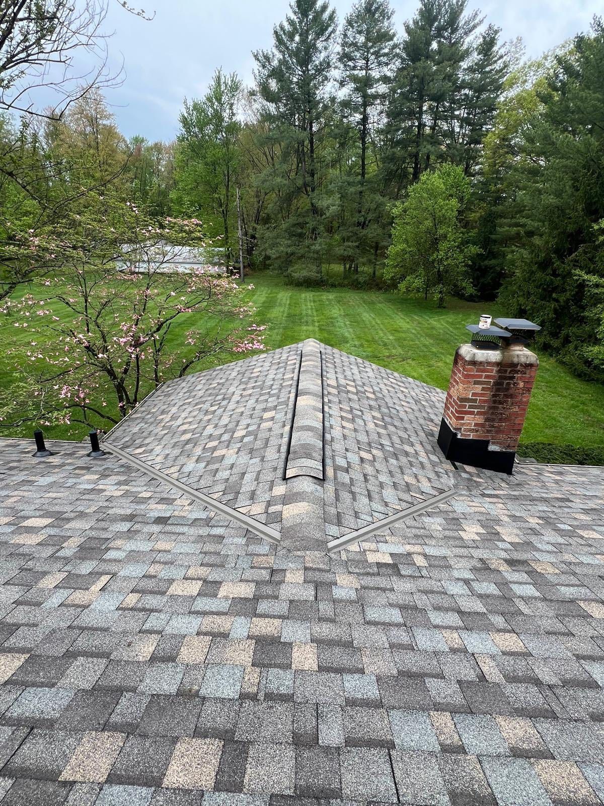 A rooftop with gray shingles, brick chimney, and a grassy backyard. Overcast sky.