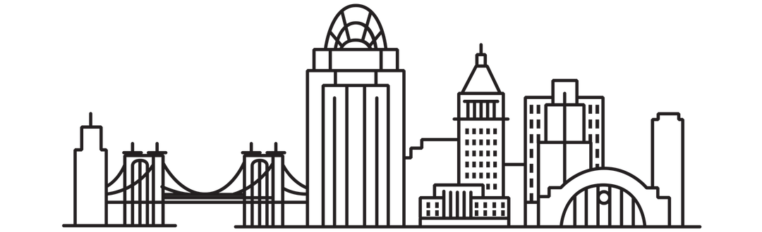 Skyline of Cincinnati, Ohio, featuring iconic architecture, bridges, and the Great American Tower.