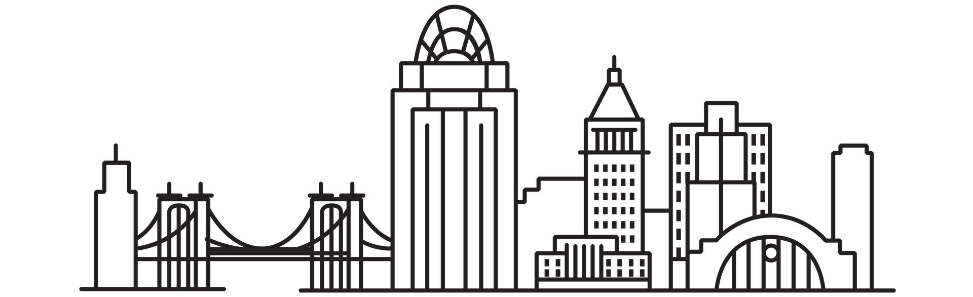 Skyline of Cincinnati, Ohio, featuring iconic architecture, bridges, and the Great American Tower.