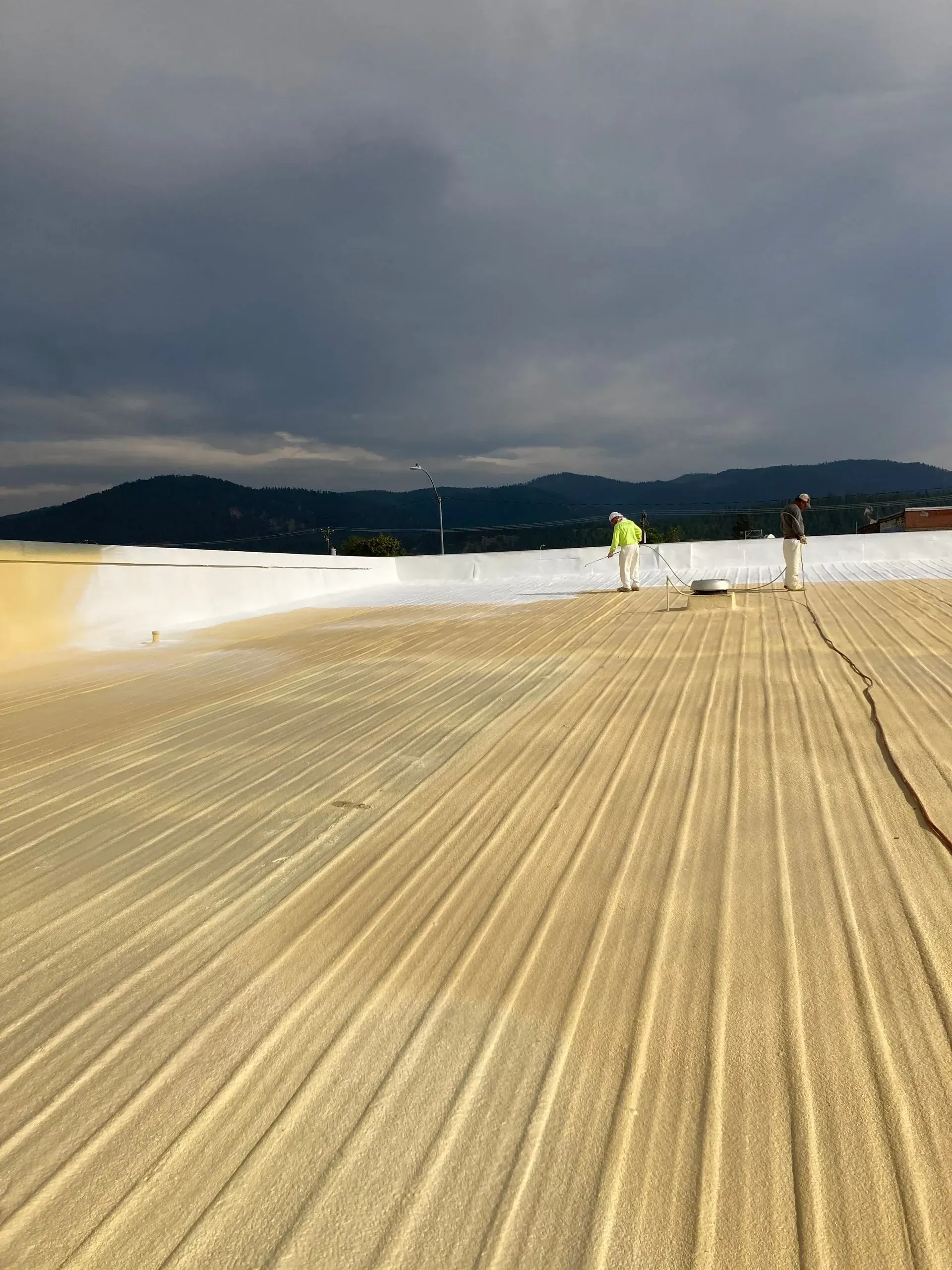 Workers applying coating to a textured roof on a cloudy day, with a landscape in the background.