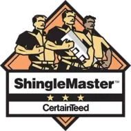 ShingleMaster CertainTeed logo with three roofers in front of an orange diamond background