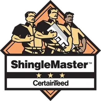 ShingleMaster CertainTeed logo with three roofers in front of an orange diamond background