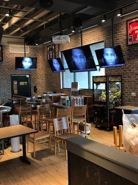 A restaurant with a sign that says exit on it