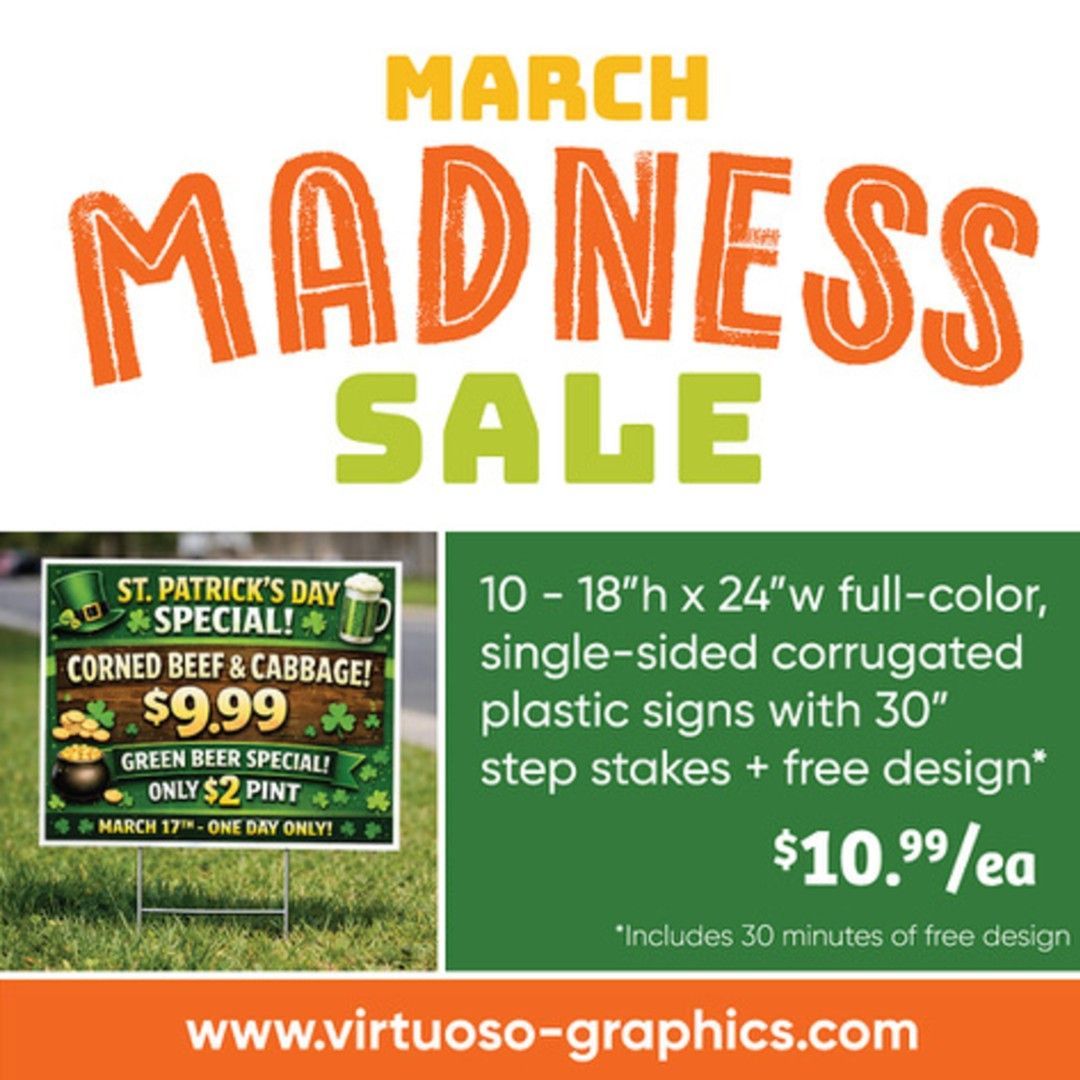 March Madness sale advertisement for St. Patrick's Day signs with corned beef special for $9.99 and green beer for $2.