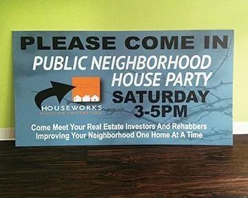 Sign for a public neighborhood house party. It's on Saturday from 3-5 PM, hosted by Houseworks.