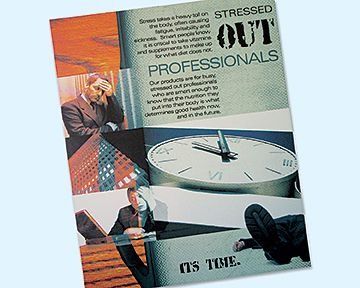 Advertisement: Stressed out professionals. Text, clock, and people looking stressed. Blue, orange, and gray hues.