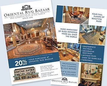 Advertisement for Oriental Rug Bazaar with a photo of the store, rugs, and a 20% off promotion.