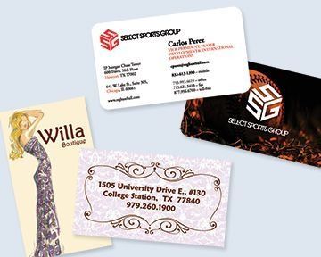 Business cards from Select Sports Group, Willa Boutique, with names, addresses, and phone numbers.