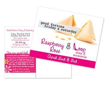 Advertisement for Raspberry & Loop shoes & accessories, offering a sale April 2nd & 3rd. Featuring fortune cookies on a white background with pink accents.