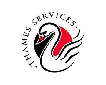 Logo of Thames Services: A white swan within a black and red circle, with 