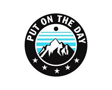 Circular logo with mountains, blue stripes, and the text 