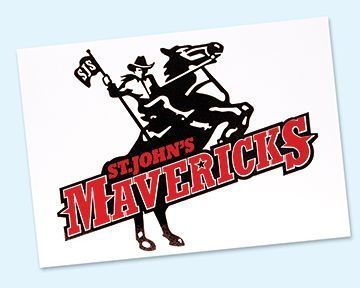 St. John's Mavericks logo: Cowboy on bucking horse, waving flag. Red and black text on a white background.