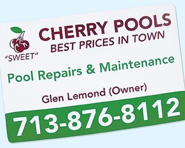 Business card for Cherry Pools: maroon logo, green text, phone number, and owner's name.
