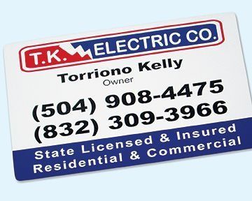Business card for T.K. Electric Co., listing owner Torriono Kelly and contact info. Services include residential and commercial work.