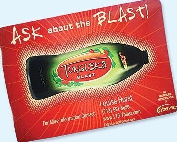 Advertisement for Tunguska Blast drink, with red background, bottle illustration, and contact information.