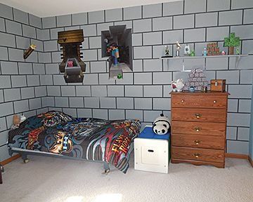 Minecraft-themed bedroom with block-painted walls, bed, dresser, and Minecraft character decorations.