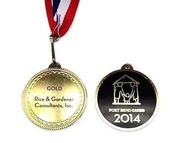 Gold medal with red, white, and blue ribbon. 