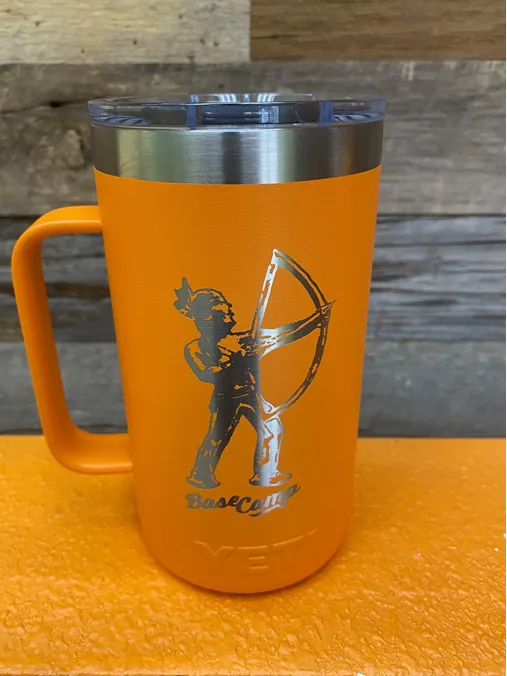 Orange Yeti mug with a silver archer graphic.