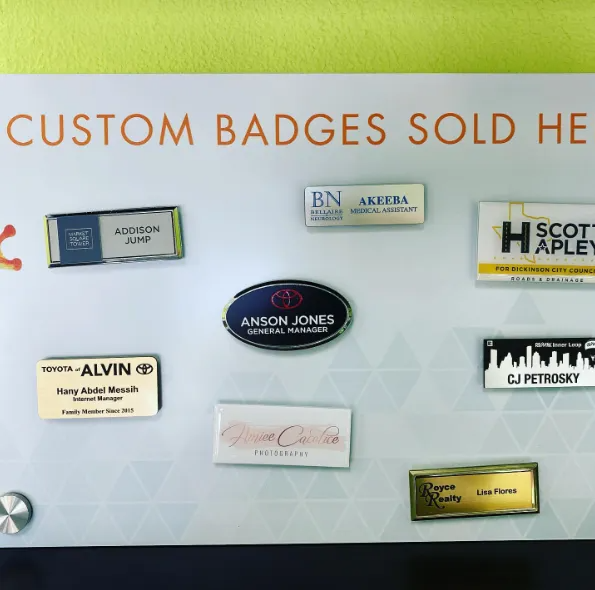Examples of custom name badges on a display.