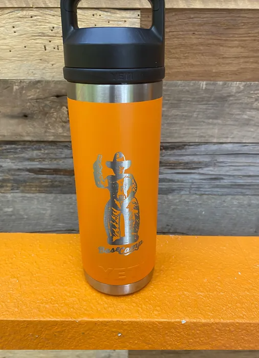 Orange water bottle with etched Stanley Cup design on an orange surface.