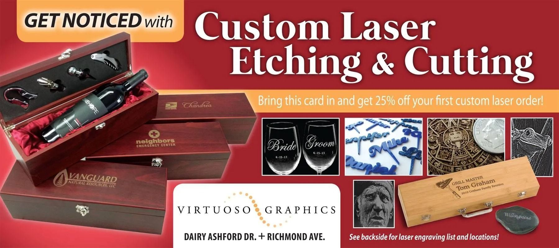 Ad for laser etching and cutting services, showcasing examples on wine boxes, glasses, and other items.