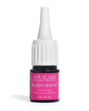 Novalash Platinum Bond lash extension adhesive bottle. Pink label, white cap.