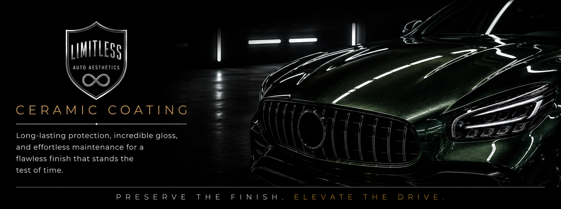 Dark car in a glossy ceramic coating ad with logo and text on a black background