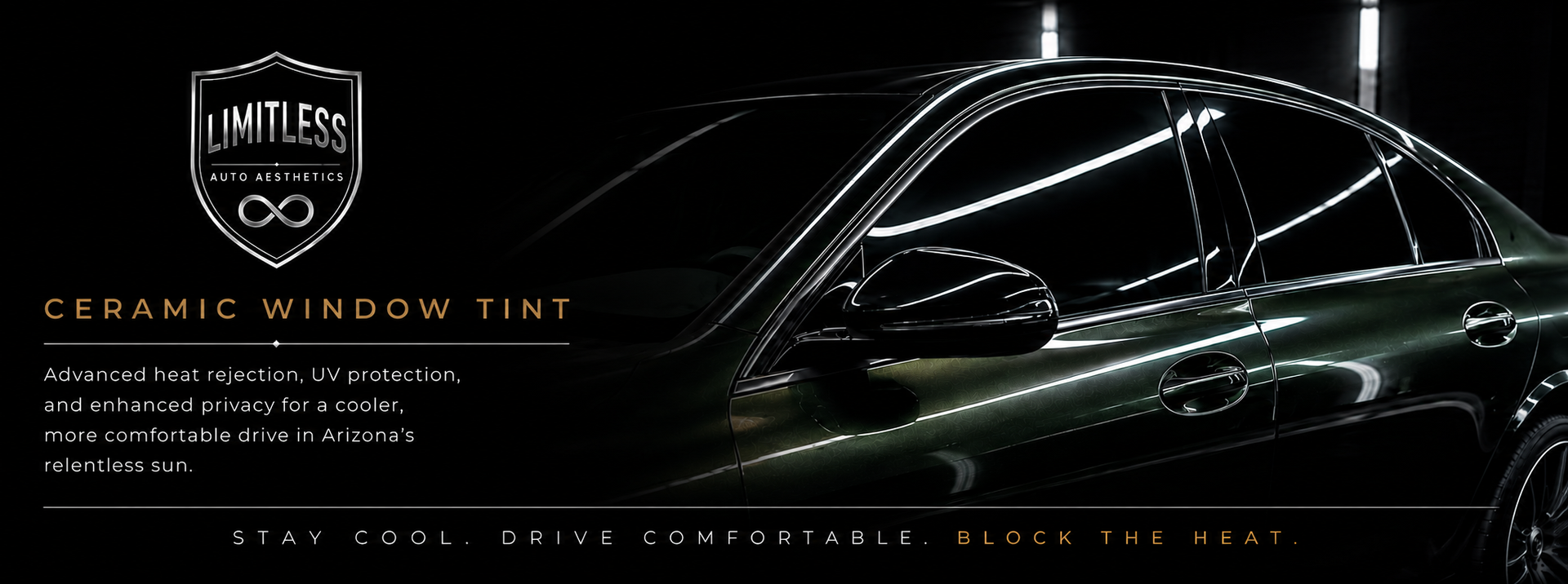 Black sports car with reflective ceramic window tint ad on a dark background.