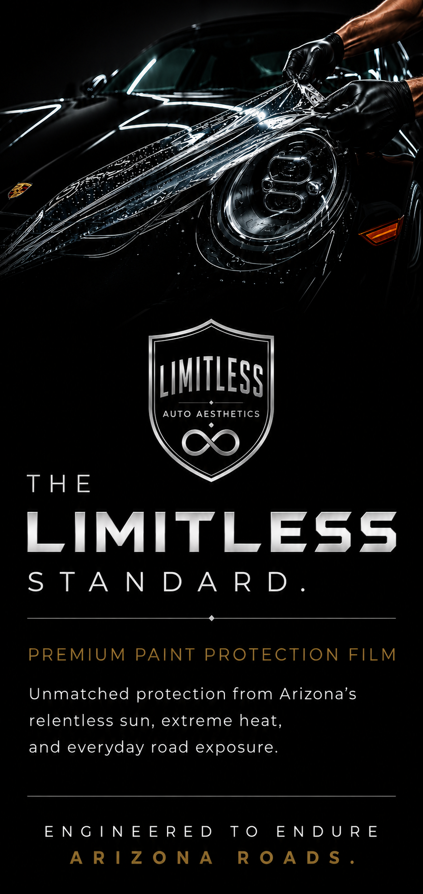 Black sports car with neon streaks and the text The Limitless Standard on a dark promotional poster