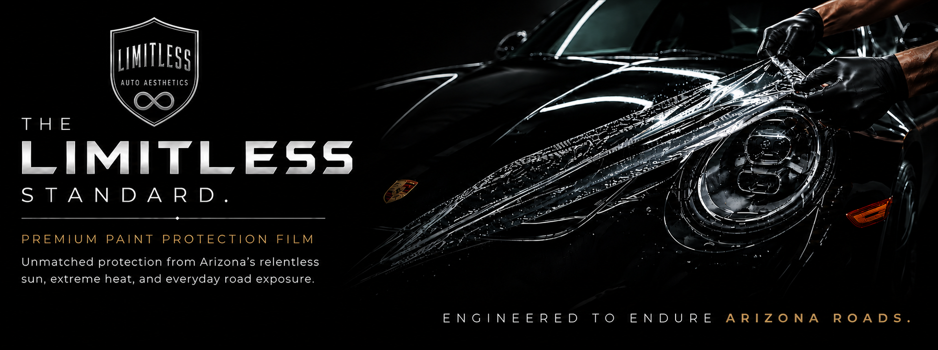 Black sports car ad with glowing headlights and the text “The Limitless Stand” and “Your standards, our craftsmanship.”