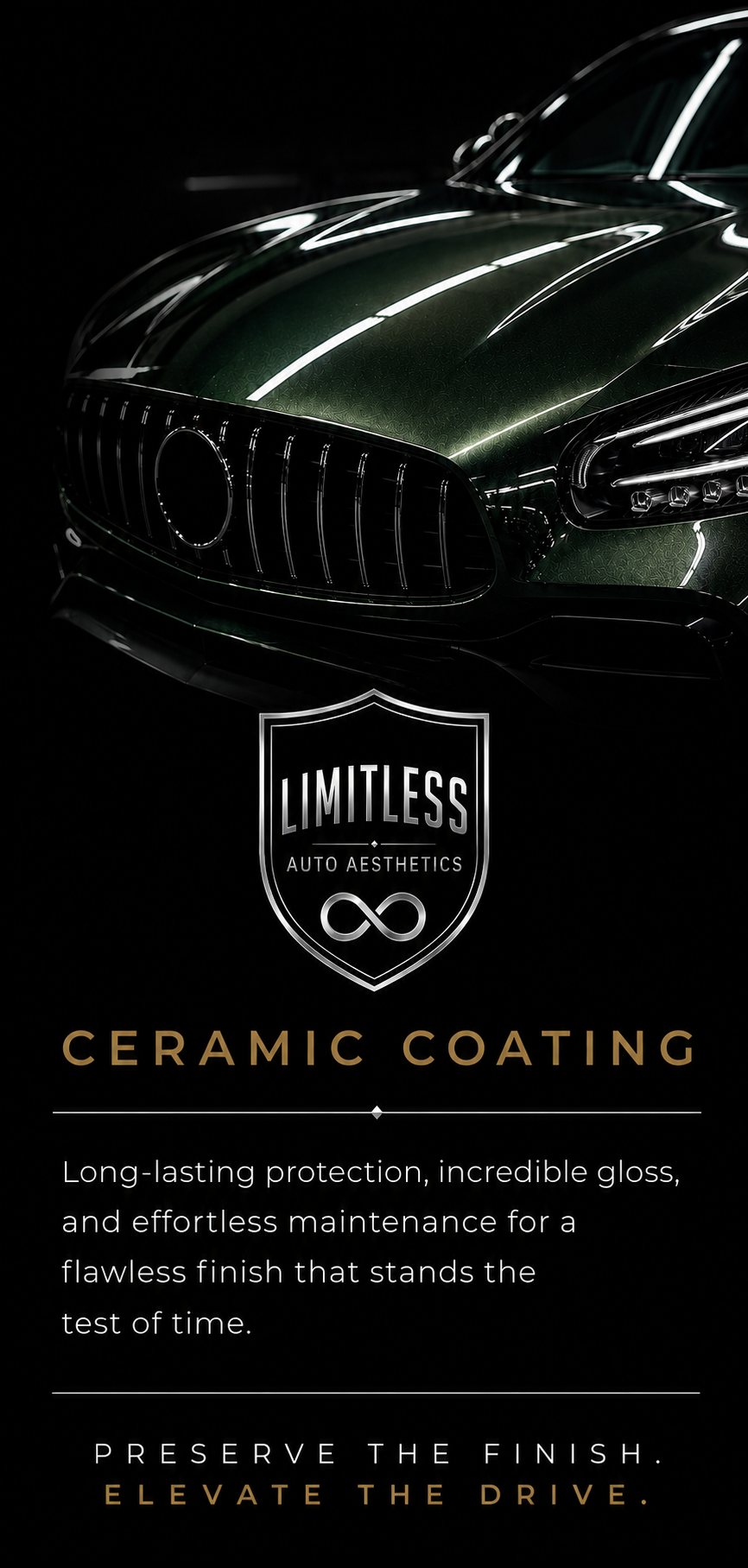 Glossy black luxury car front under dramatic lighting with “Limitless Ceramic Coating” text overlay